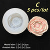 A white floral silicone mold with a layered petal design is shown next to a pink flower, indicating 5 pieces per lot.