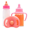 A set of a large pink feeding bottle and an orange toy pacifier.