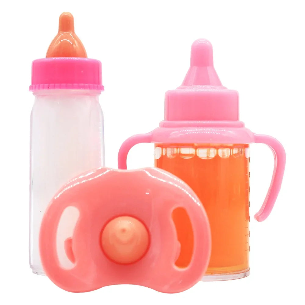 A set of a large pink feeding bottle and an orange toy pacifier.