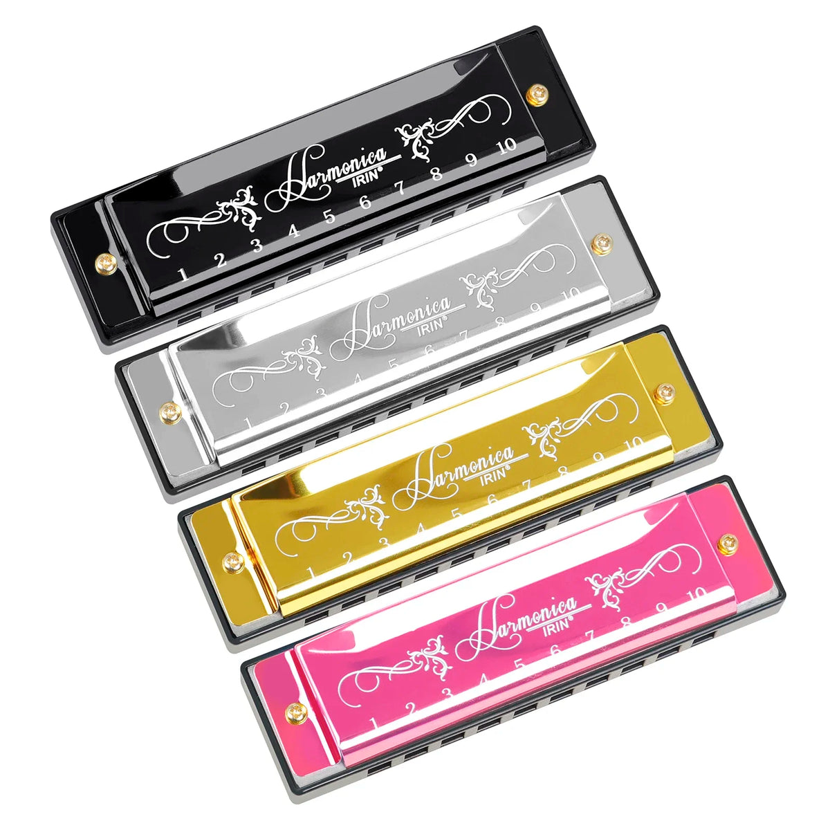 A set of colorful 10-hole C key harmonica for beginners shown in various colors and angles.