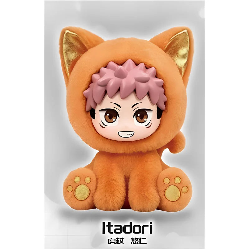 An orange cat-shaped plush pendant featuring a face with pink hair and gold accents.