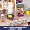 A pretend play kitchen set simulation featuring a spray gas stove and dazzling lights with various cooking tools and ingredie