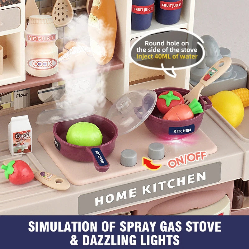 A pretend play kitchen set simulation featuring a spray gas stove and dazzling lights with various cooking tools and ingredie