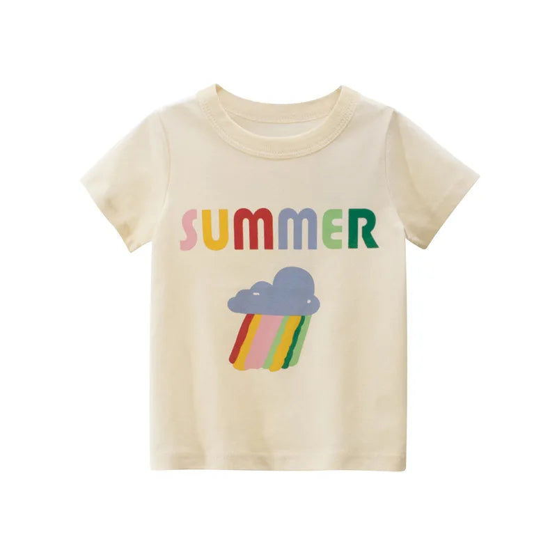 A light beige short-sleeve t-shirt for girls featuring the word summer and a colorful striped cloud design.
