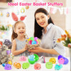 A collection of colorful mini squishy toys and fidget items displayed on a table with a girl and woman.