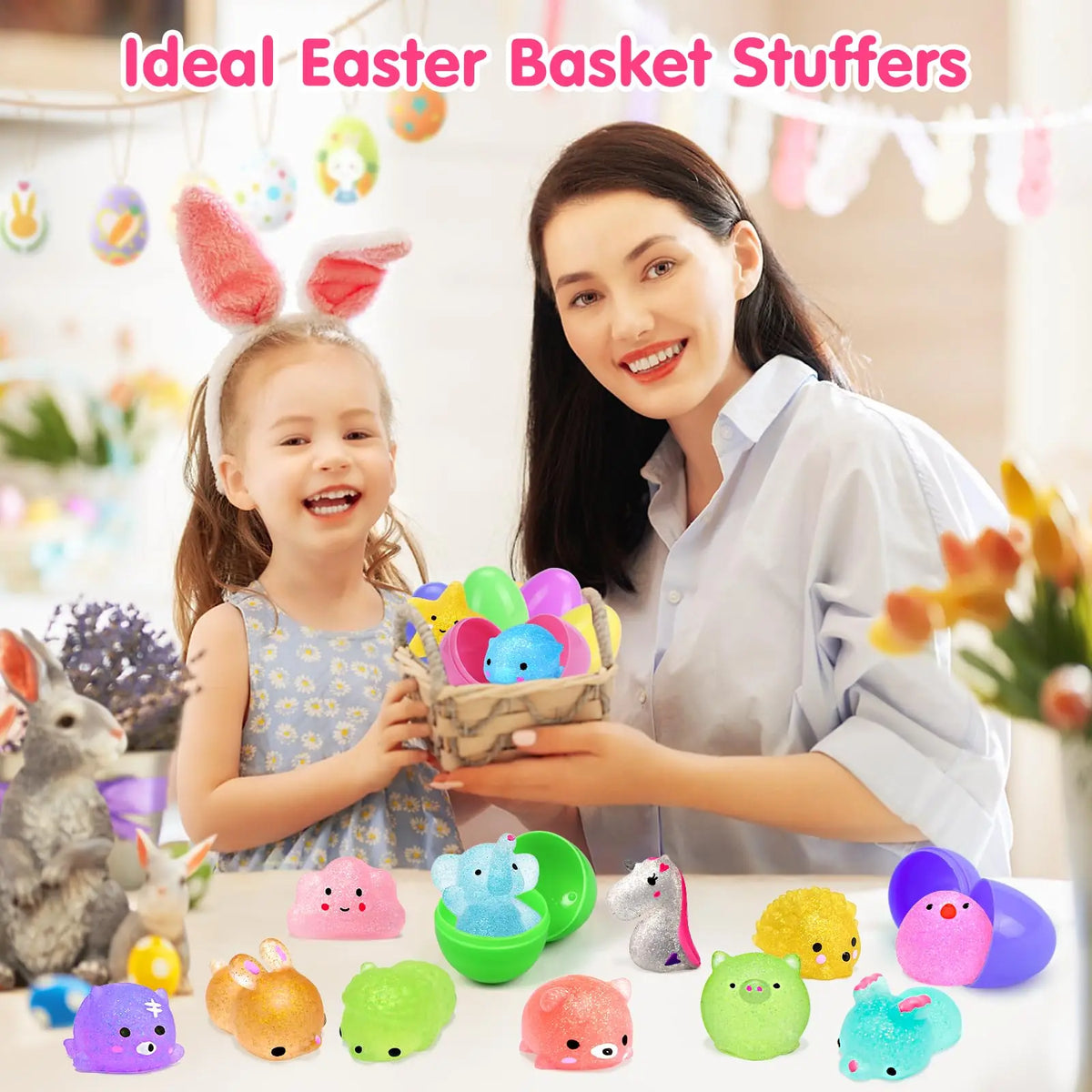 A collection of colorful mini squishy toys and fidget items displayed on a table with a girl and woman.