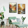 A framed painting of a vibrant forest landscape with autumn colors and a waterfall.
