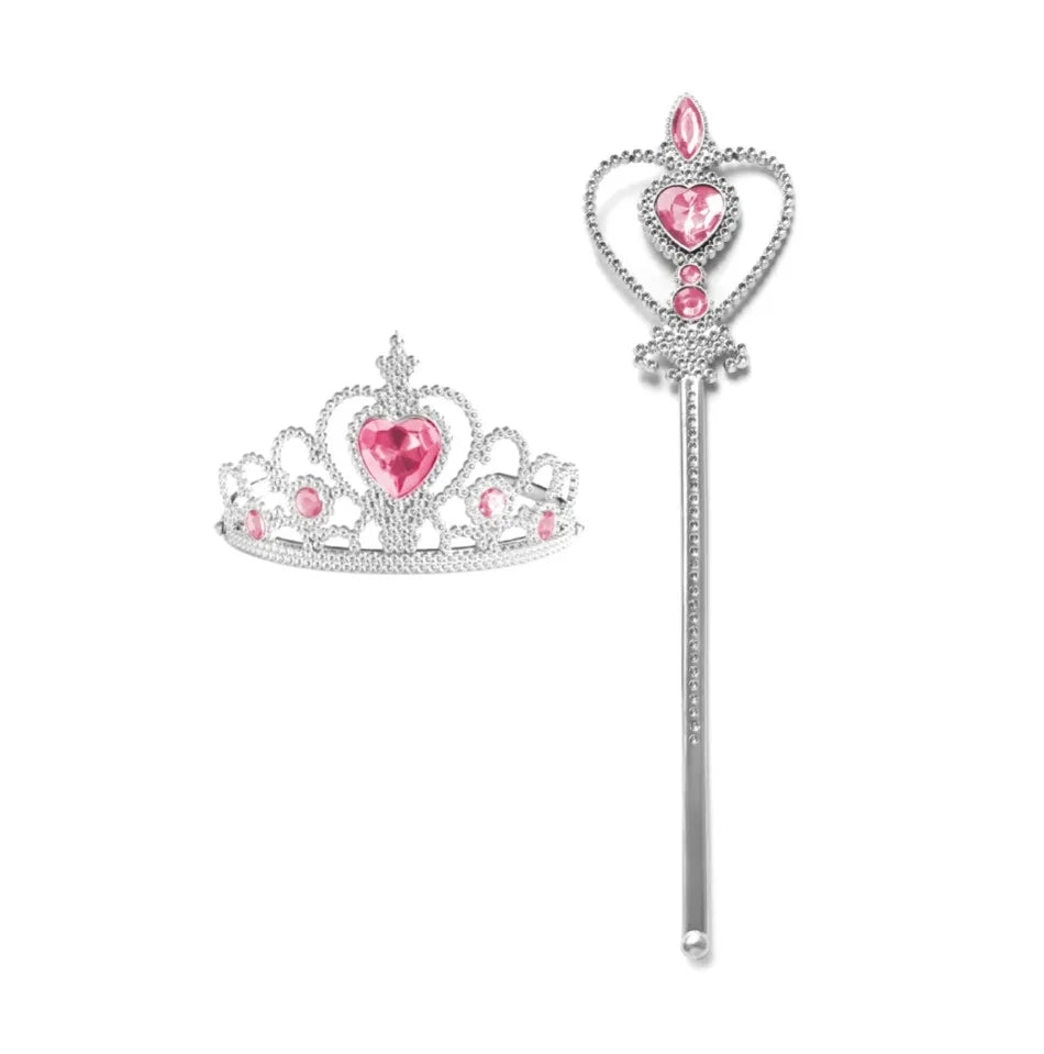 Silver and pink crown and scepter set for a royal princess dress-up playset