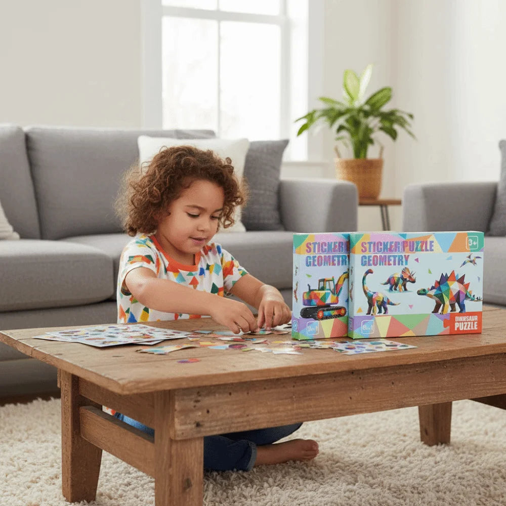 A child is playing with a sticker puzzle book featuring geometric animals and shapes on a wooden table.
