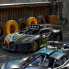 A black and green remote control sports car is shown racing on a track with blurred background elements.