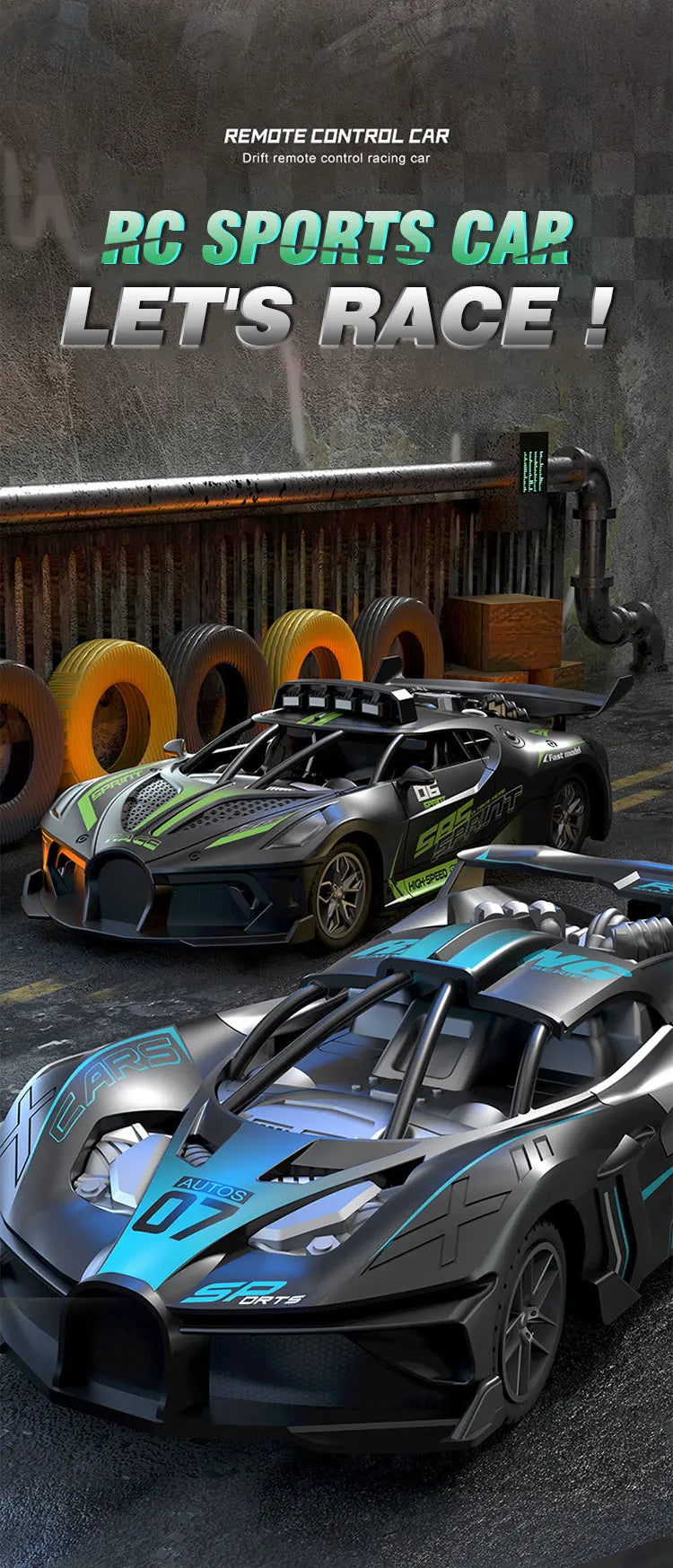 A black and green remote control sports car is shown racing on a track with blurred background elements.