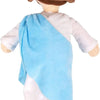 A plush doll set featuring a brown felt head, white clothing, and a light blue fabric drape.