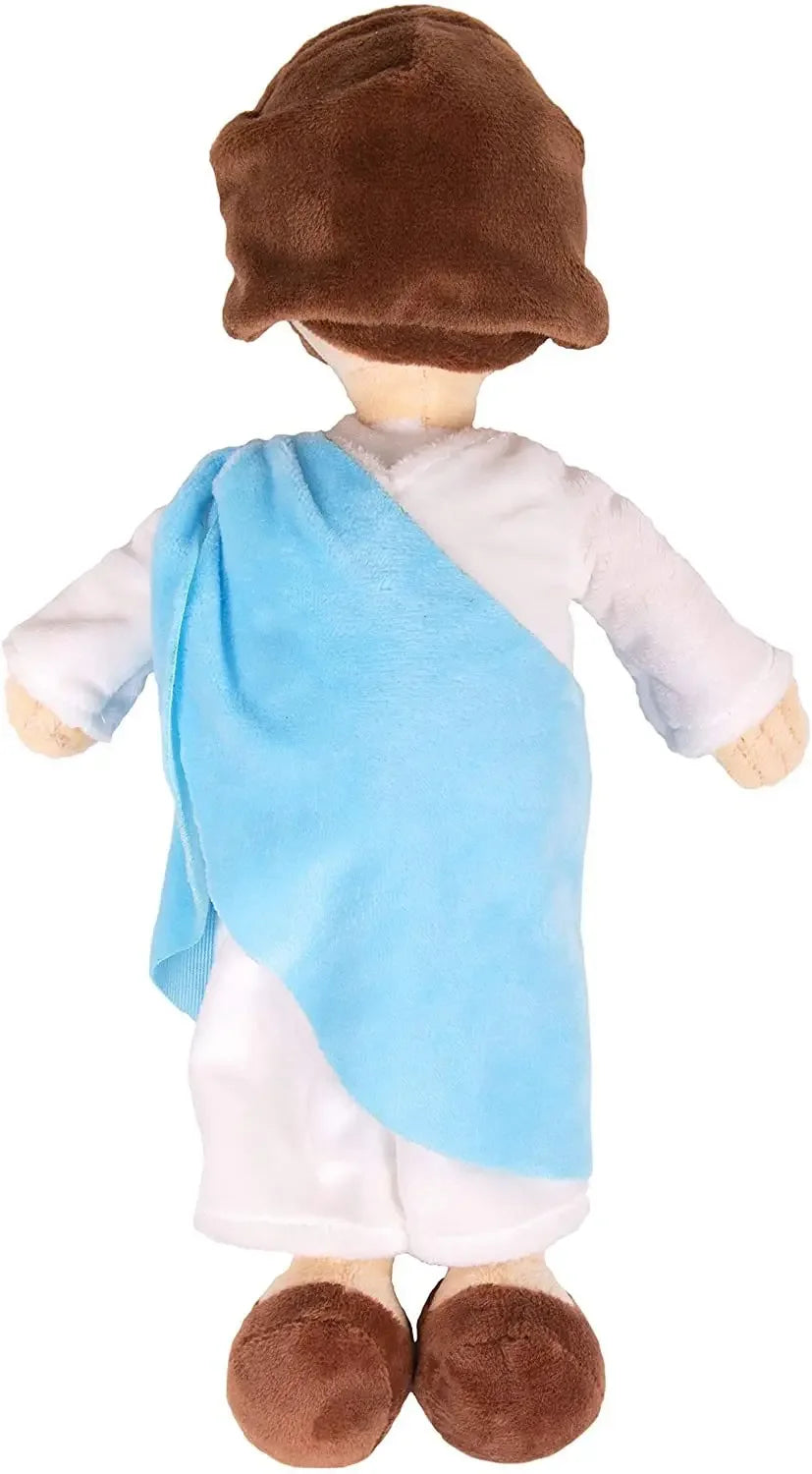 A plush doll set featuring a brown felt head, white clothing, and a light blue fabric drape.