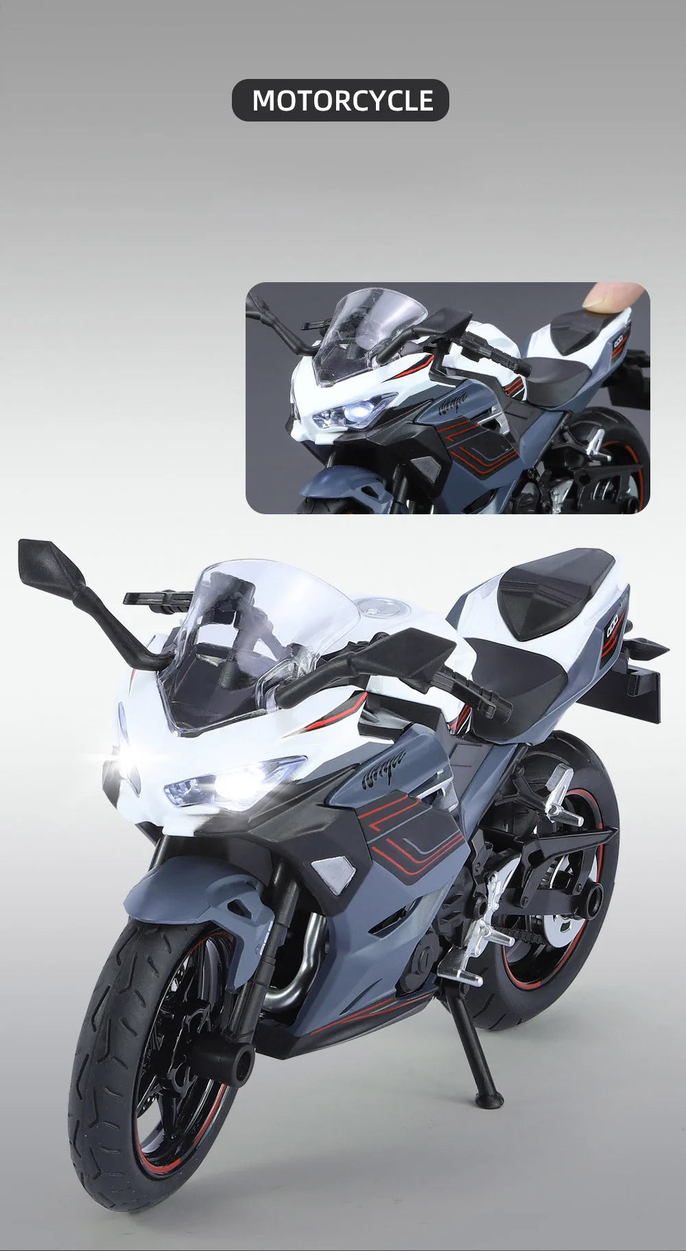 A white and black 1:12 scale Ninja motorcycle diecast model with lights and sound.