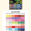 A box of 54 colors of acrylic gel pens for drawing and journaling.