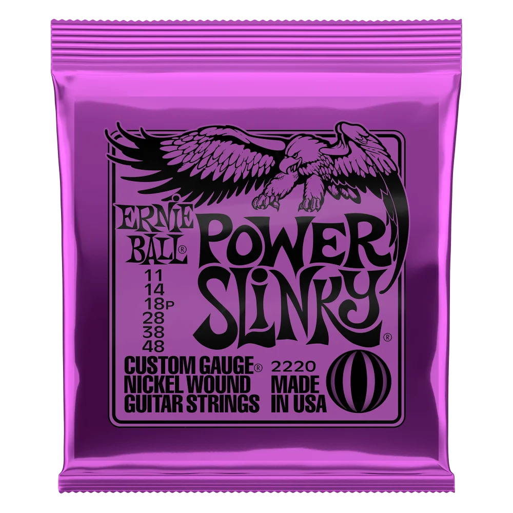 A purple foil package of Ernie Ball Power Slinky nickel wound electric guitar strings featuring an eagle design.