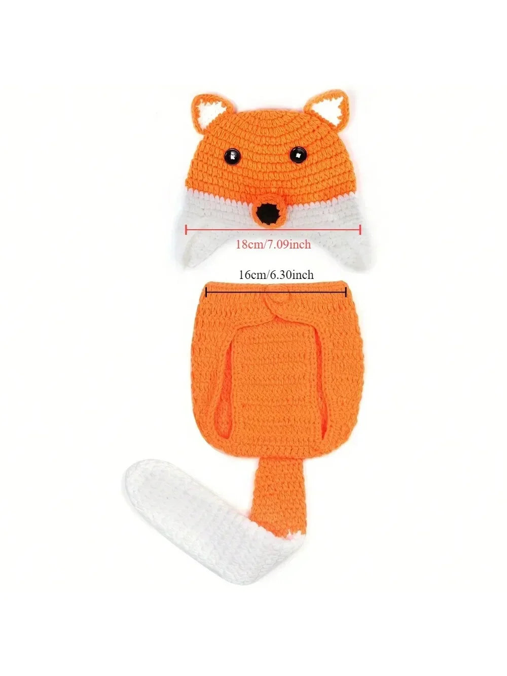 Handmade crochet fox costume for baby photography in orange and white.