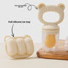 A silicone fruit teether set featuring an ice tray and a bite fun for babies.