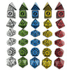 A collection of polyhedral dice in various colors and shapes, including d6s, d8s, d10s, and d12s.