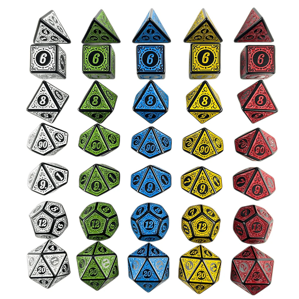 A collection of polyhedral dice in various colors and shapes, including d6s, d8s, d10s, and d12s.