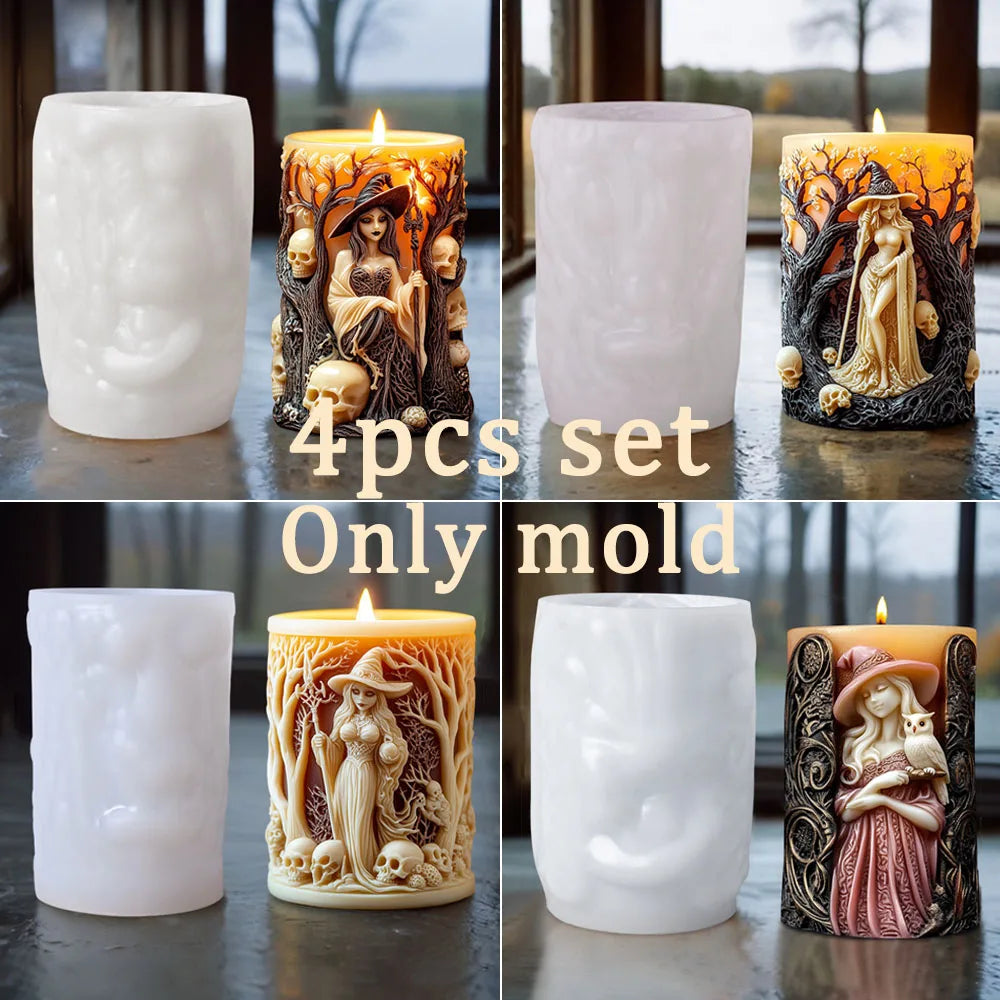 A set of four silicone candle molds depicting a witch portrait with skulls and foliage.
