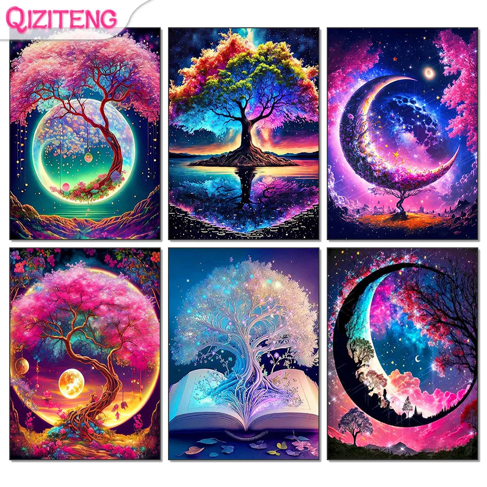 A vibrant diamond painting kit featuring a moonlit tree landscape with full drill rhinestones and gemstones.