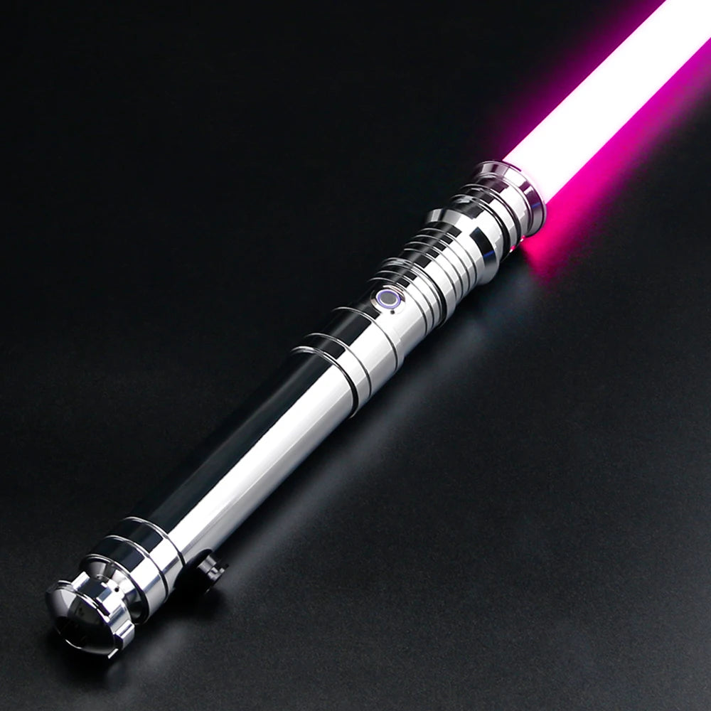 A silver lightsaber with a pink RGB blade is shown against a dark background.