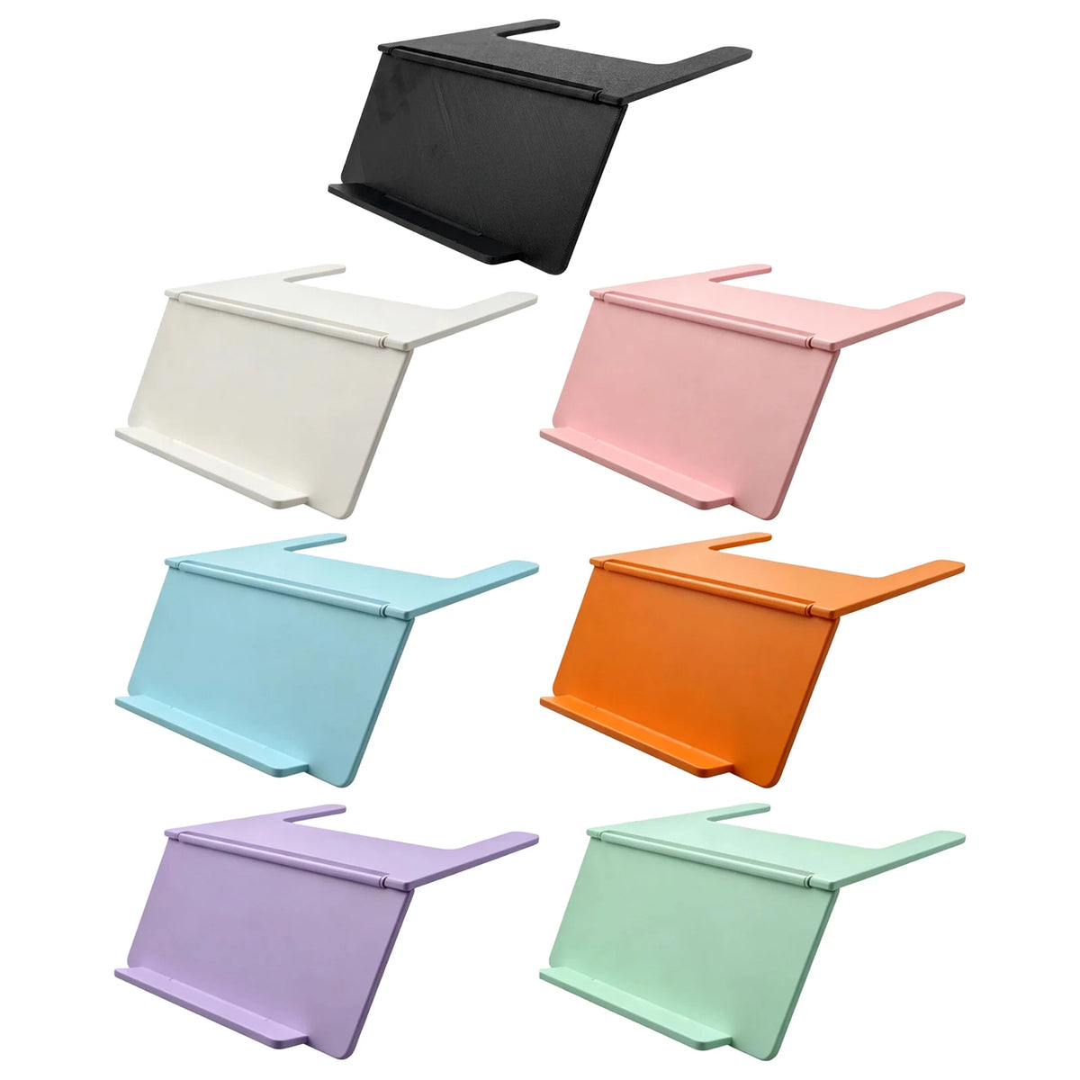 A collection of six foldable mahjong card holders in various pastel colors including black, white, pink, blue, orange, and pu