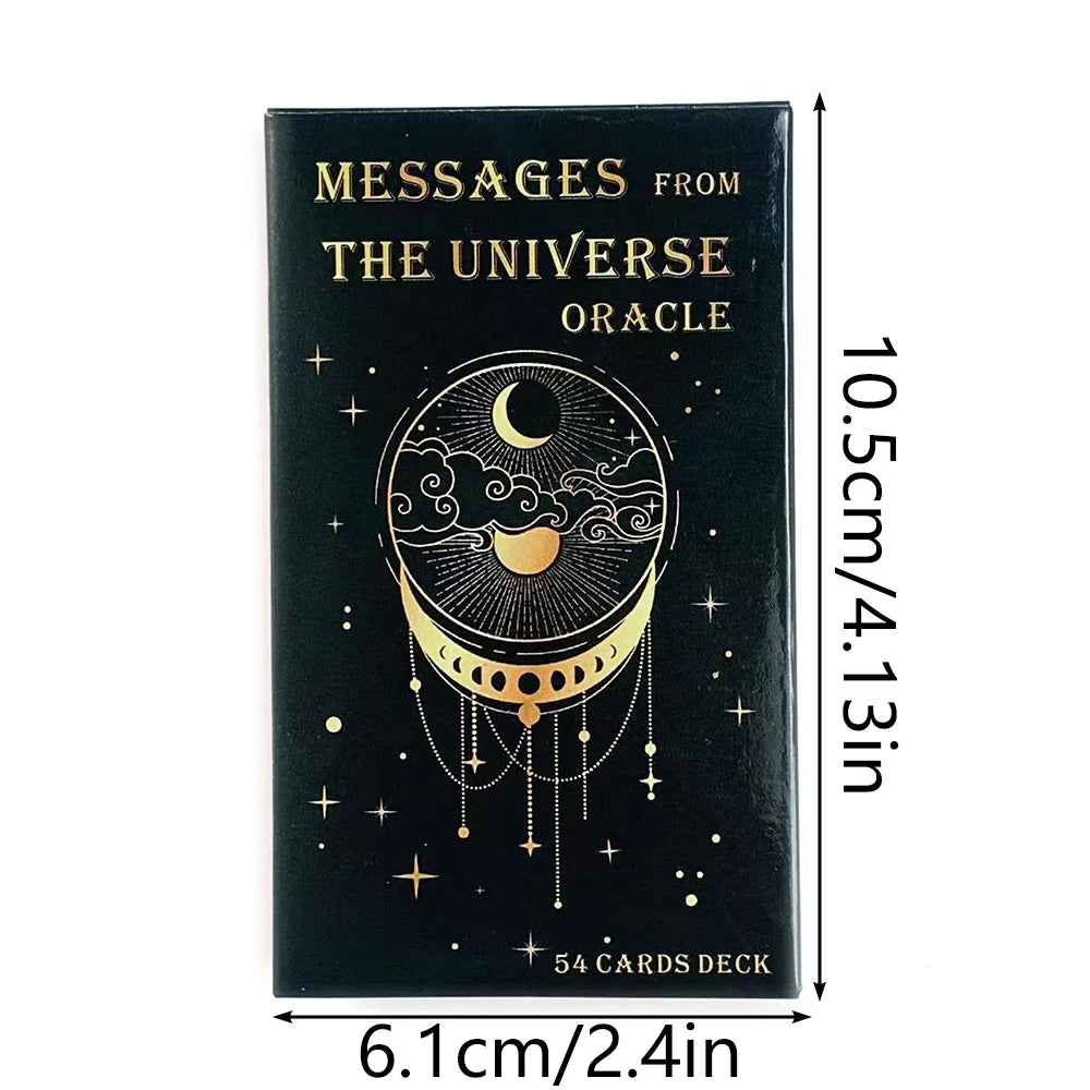 A black box containing a 54-card oracle deck titled Messages From The Universe Oracle featuring a crescent moon design.