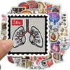 A red-edged sticker featuring a diagram of the human lungs on a gray background, part of a scientific anatomy set.