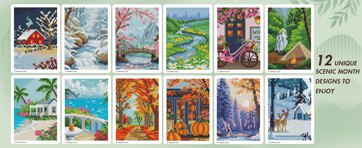 Beginner Diamond Art Kit with 12 Postcard-Style Scenic Designs