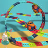 A colorful flexible anti-gravity race car track set with LED cars is shown in a circular, winding design.