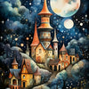 A detailed painting of a fantastical castle and landscape under a large moon with stars.