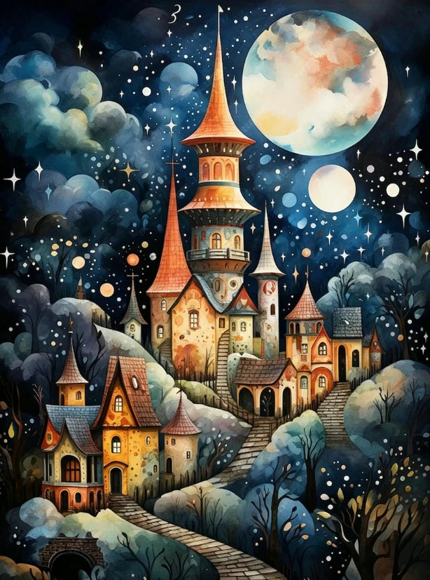 A detailed painting of a fantastical castle and landscape under a large moon with stars.