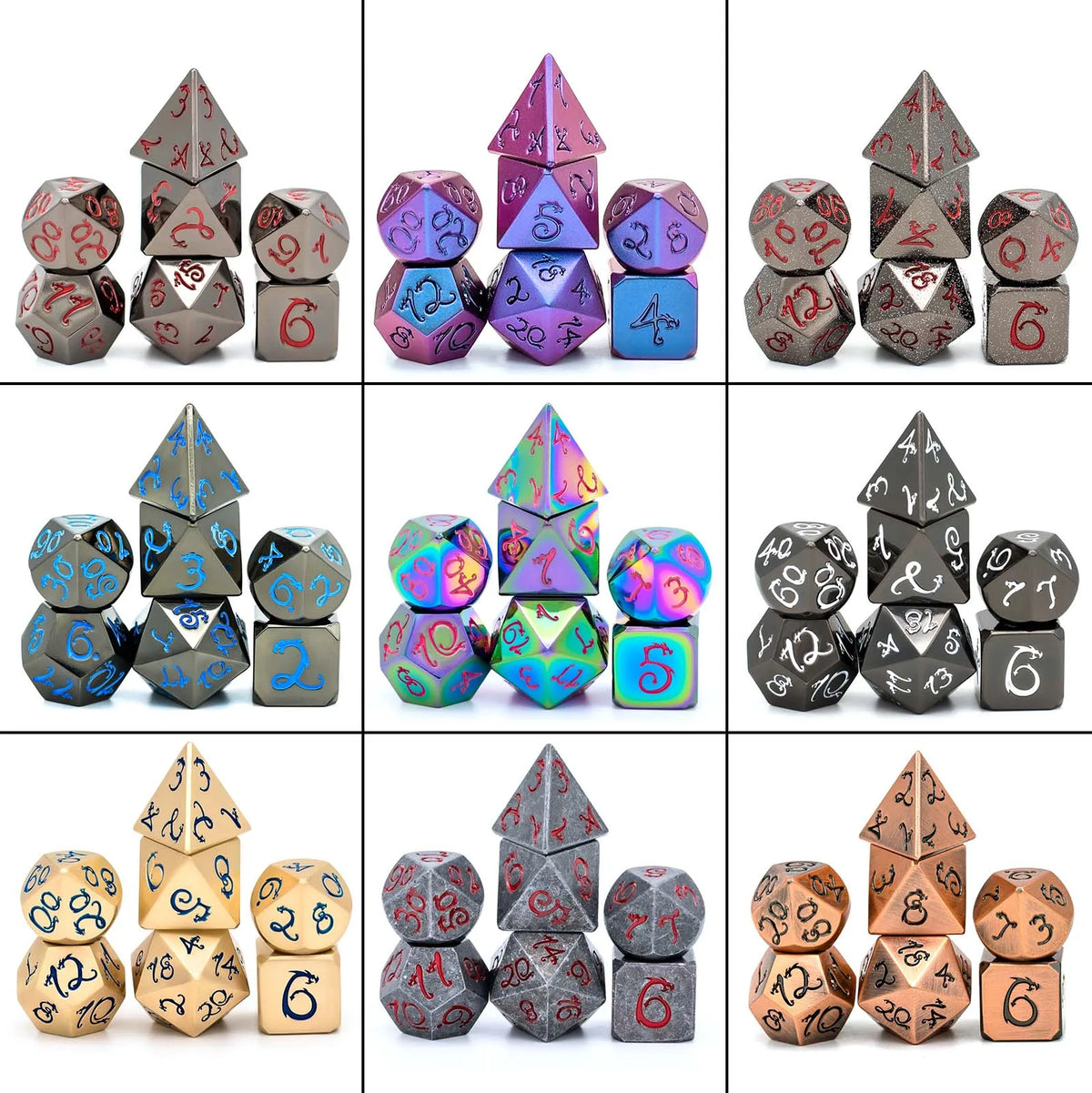Premium Metal Polyhedral Dice Set with Dragon Font