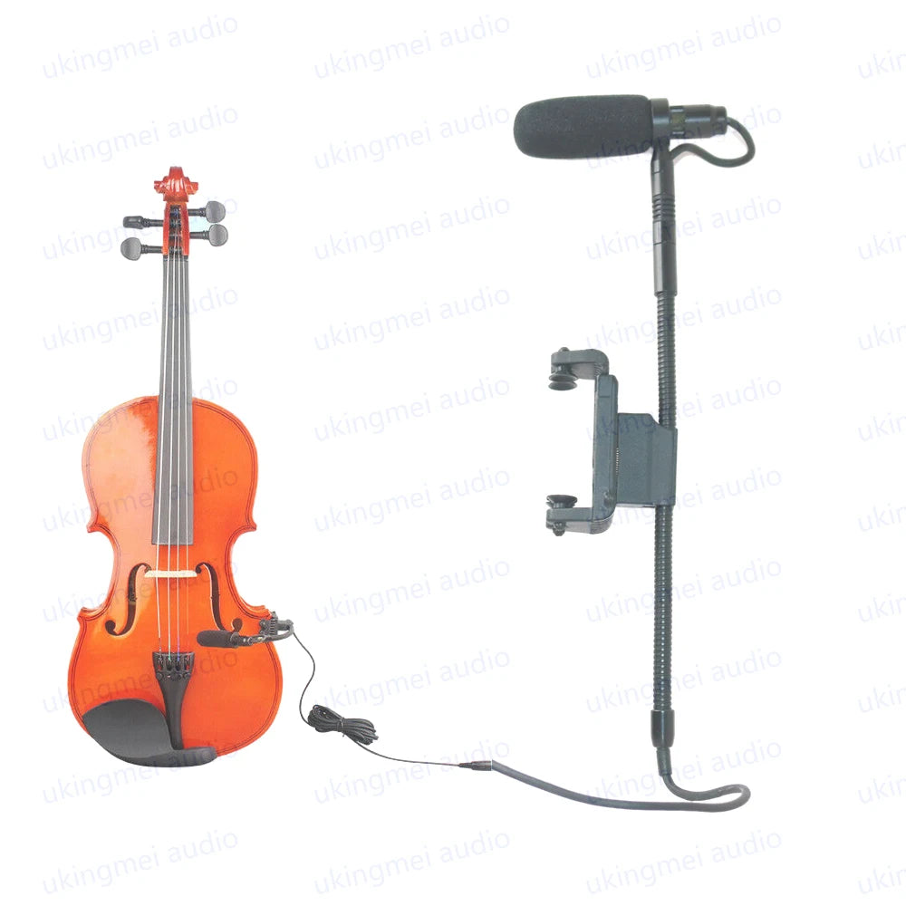 A clip-on condenser microphone with a gooseneck is shown next to a violin.