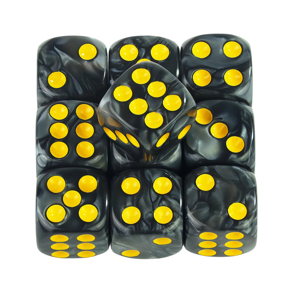 A set of ten black marble effect acrylic D6 dice showing various yellow dots and markings.