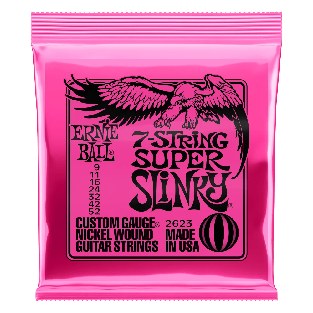 Pink foil packet of Ernie Ball 7-String Super Slinky nickel wound guitar strings featuring an eagle graphic.