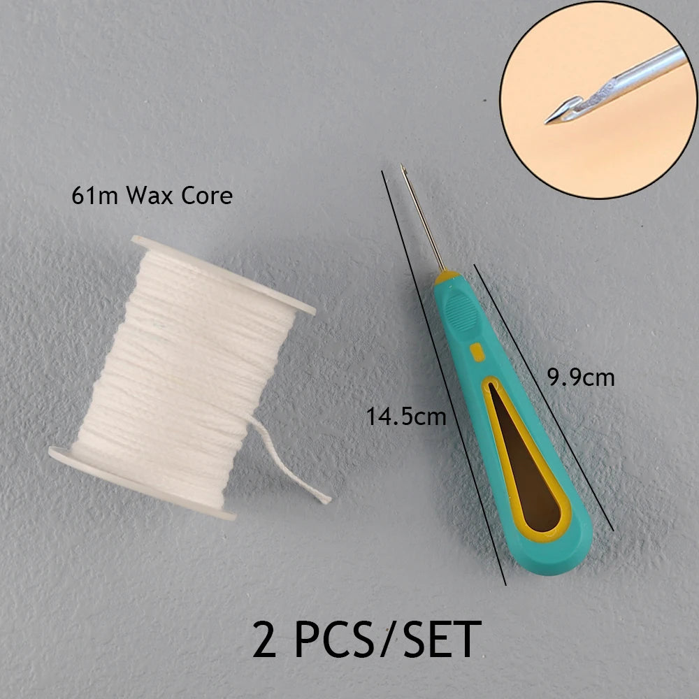 A set of two pre-waxed cotton candle wicks with metal sustainers and a measuring tool.