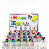 A magnetic alphabet spelling kit showing a house theme with numbers and letters for kids