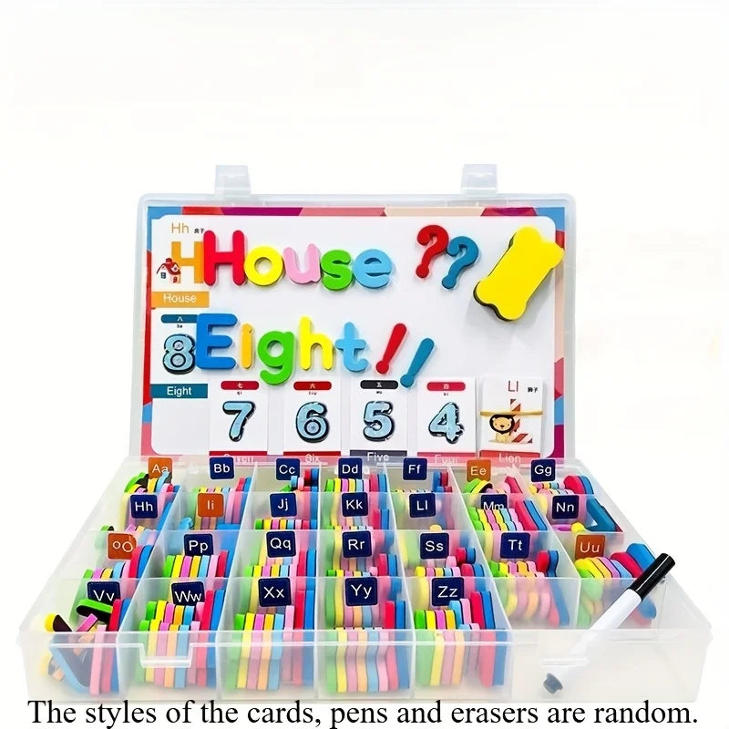 A magnetic alphabet spelling kit showing a house theme with numbers and letters for kids