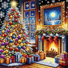 A festive Christmas tree diamond painting kit featuring a decorated tree, gifts, and a glowing fireplace scene.