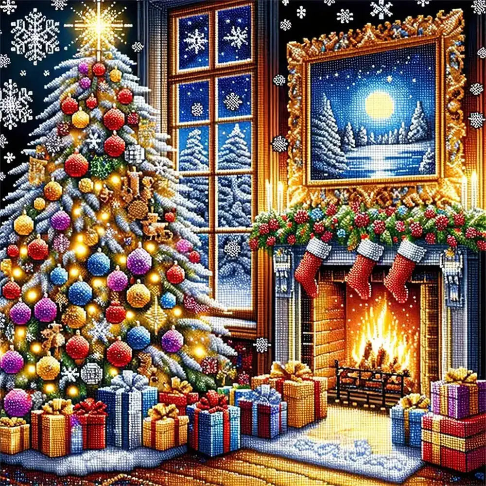 A festive Christmas tree diamond painting kit featuring a decorated tree, gifts, and a glowing fireplace scene.