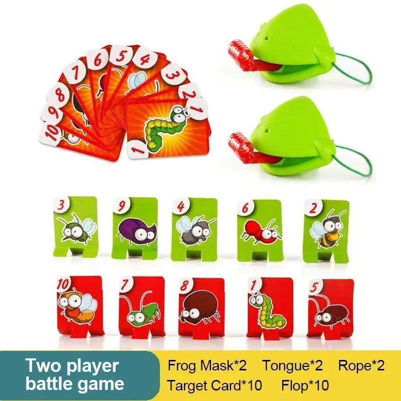 A set of frog mask and tongue cards for a two-player battle game featuring various animal designs.