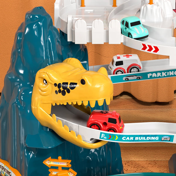 A dinosaur race track playset featuring a yellow dinosaur head and various car building components.