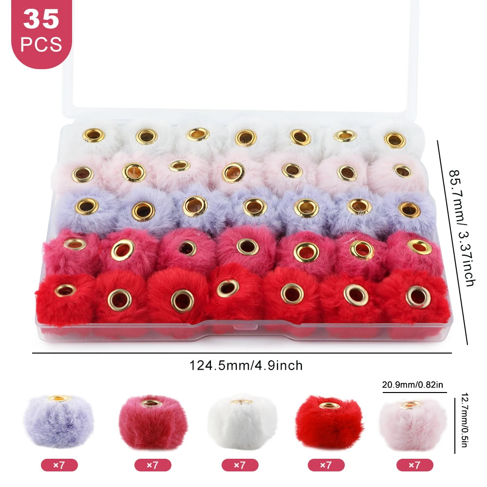 A pack of 35 plush fur pom pom beads in various colors like pink, purple, and red for jewelry making.