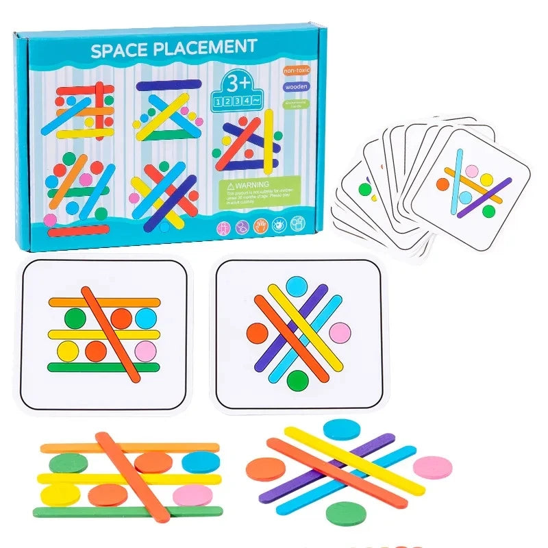 A box of Rainbow Stick Puzzle game featuring colored wooden sticks for a Montessori color and logic matching activity.