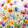 Watercolor painting of a vibrant field of mixed purple, pink, and yellow flowers.