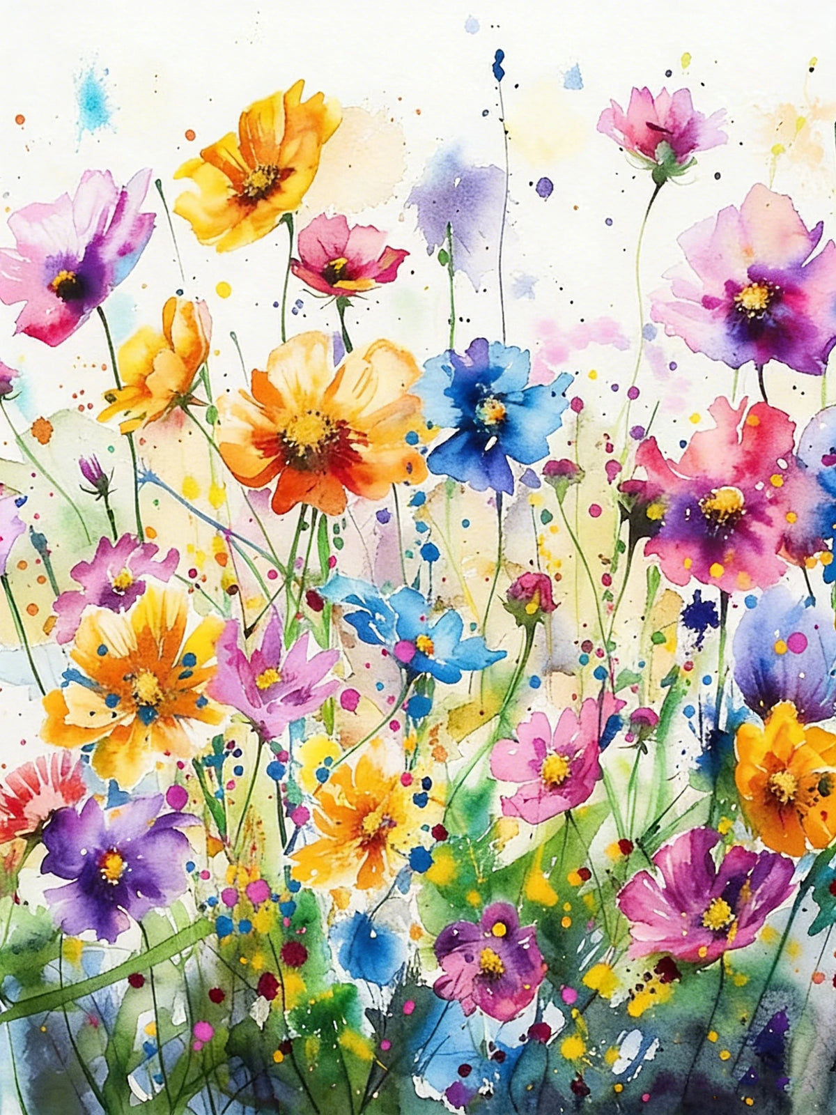 Watercolor painting of a vibrant field of mixed purple, pink, and yellow flowers.