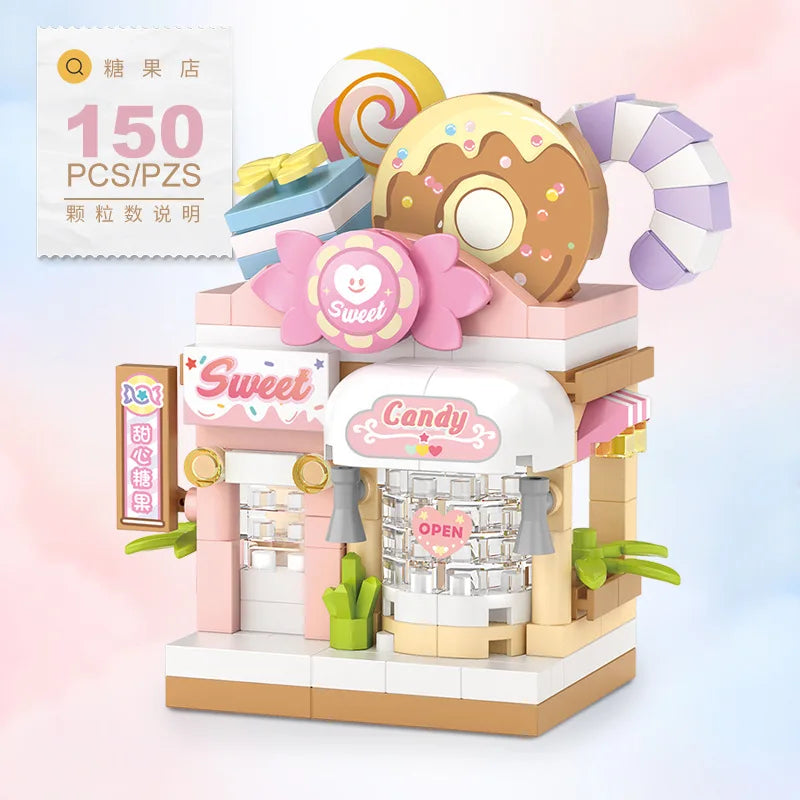 A building block set depicting a sweet candy shop storefront with pink and white elements and various candy-themed items.